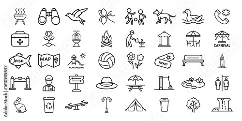 Collection of hand drawn icons representing outdoor activities and nature