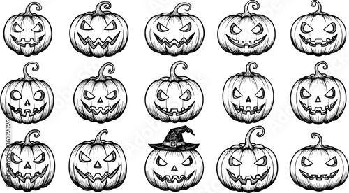 Spooky Halloween pumpkins grinning with evil faces, ready for scary celebrations and festive fun