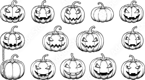 Hand-drawn Halloween pumpkin patch sketch art with spooky grinning faces perfect for holiday cards