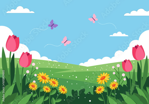 Cheerful Spring Landscape with Blooming Tulips, Butterflies, Rolling Hills, and Blue Sky – Vibrant Vector Illustration of a Peaceful Meadow in Bloom