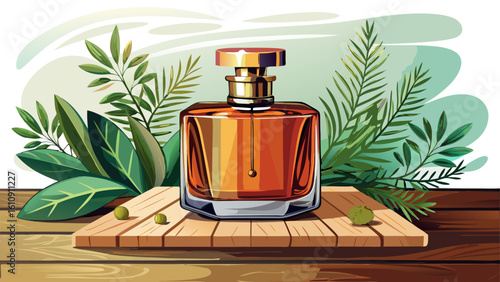 very Beautiful  close up A sleek perfume bottle sits on a wooden surface, complemented by delicate greenery, against a softly white background.