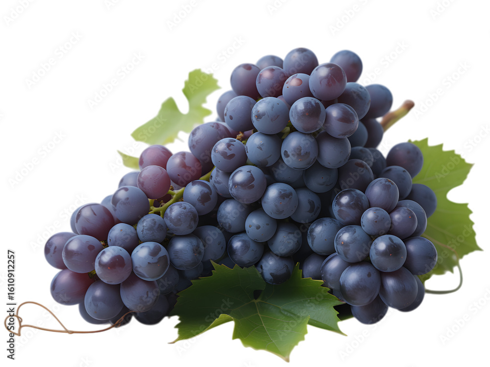Fototapeta premium Deep Blue Grapes With Green Leaves isolated on a transparent background purple