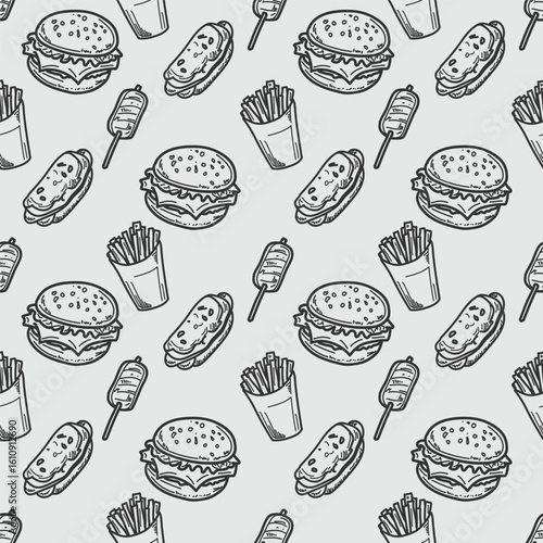 Hand-drawn seamless fast food pattern with burgers, fries, hot dogs, and corn dogs.