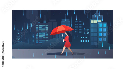 Woman walking in rain with umbrella vector illustration city background urban scene rainy weather artwork