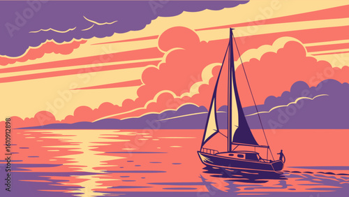 Sailboat at sunset vector art illustration for travel and tourism companies and sailing enthusiasts art print 100