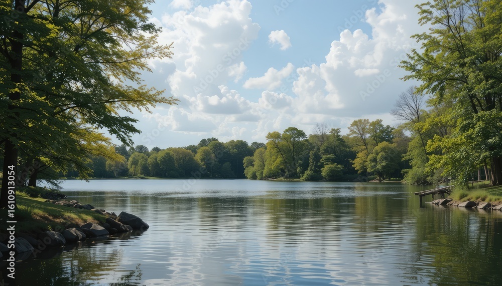 Obraz premium Tranquil blue lake water reflects the summer sky and green forest scenery