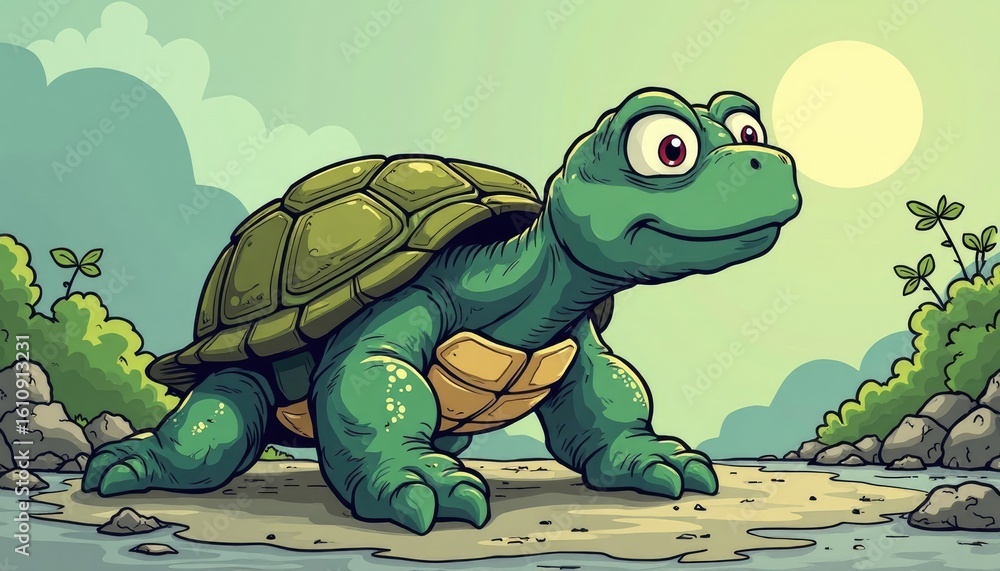 Fototapeta premium Whimsical Cartoon Turtle with Big Eyes on Sandy Shore Under Sunny Sky