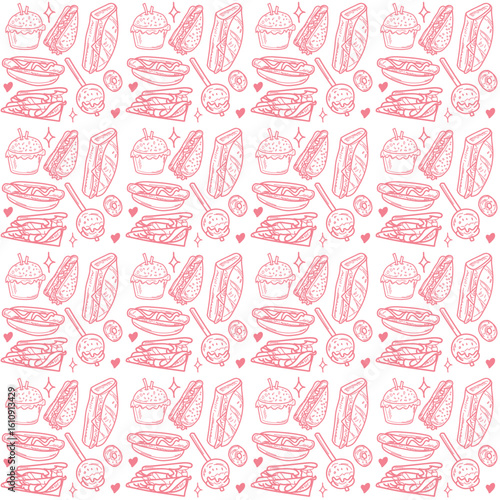 Pink outline food pattern with cupcakes, tacos, donuts, sandwiches, and candy elements
