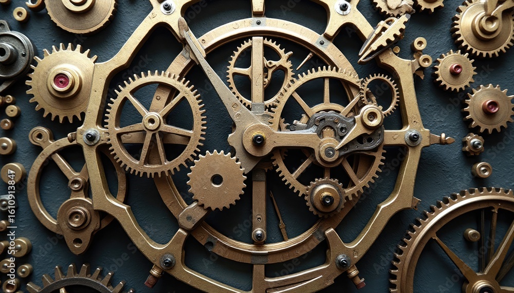 Fototapeta premium Intricate Brass Clockwork Mechanism with Detailed Gears and Cogs