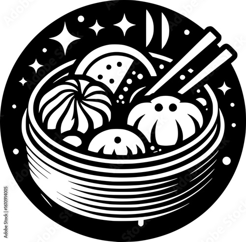 Minimalist black and white dimsum icon with clean lines, ideal for Asian food logos, stickers, or digital use in modern and simple design style.