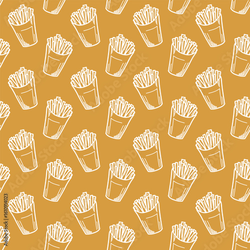 Seamless white fries pattern on mustard yellow background in minimalist hand-drawn style