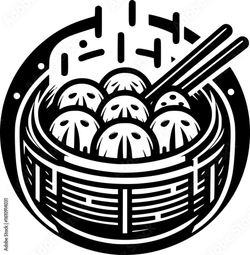 Minimalist black and white dimsum icon with clean lines, ideal for Asian food logos, stickers, or digital use in modern and simple design style.