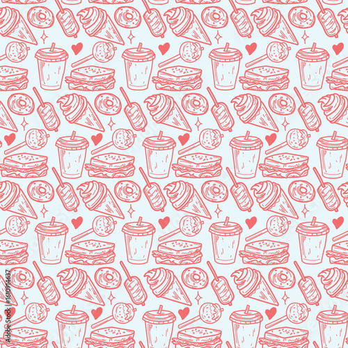 Playful red food doodles on light blue background with sweets, drinks, and hearts.