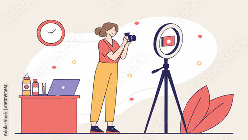 Woman photographer taking photo with camera and ring light for online content creation and social media marketing