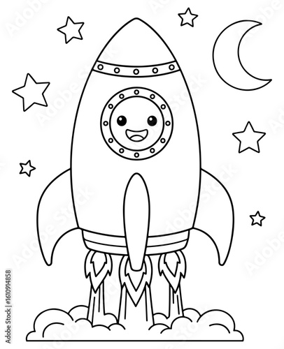 Cute Cartoon Rocket Launching into Space Coloring Page
