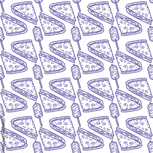 Seamless pattern of pizza slices and corn dogs in playful cartoon style