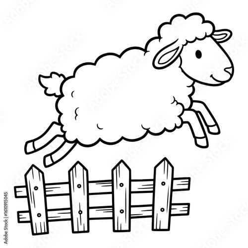 Cartoon Illustration of a Sheep Jumping Over a Wooden Fence, Black and White Outline Style