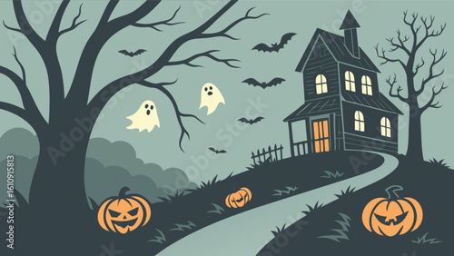 Halloween night haunted house spooky scene with ghosts pumpkins and bats vector illustration design