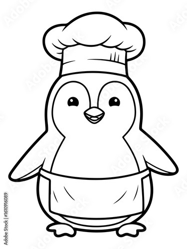 Cartoon Penguin Chef in Black and White Line Art