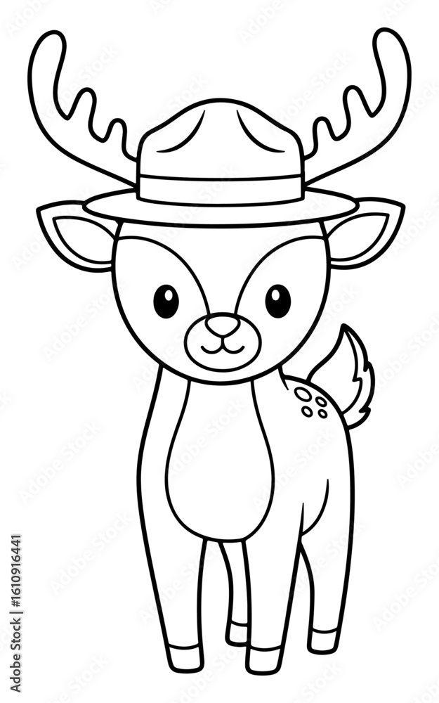 Fototapeta premium Cute Cartoon Deer Wearing a Park Ranger Hat, Black and White Outline Illustration