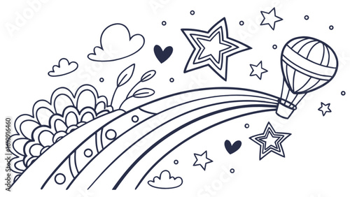 Hot air balloon rainbow coloring page for kids fun activity and creative drawing with stars and hearts