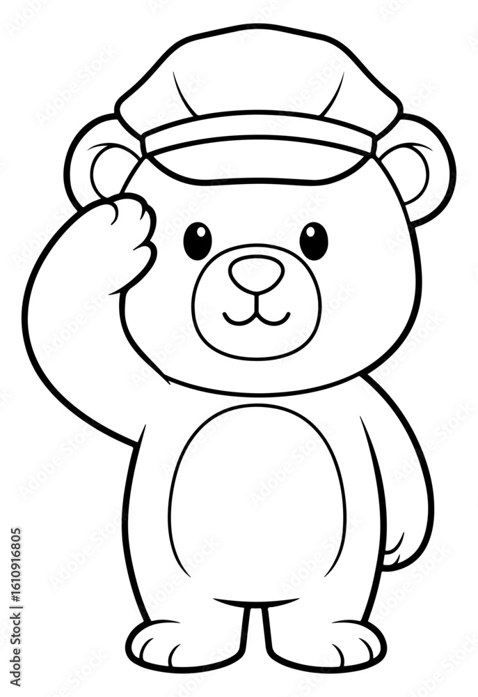 Fototapeta premium Black and White Line Art of a Cartoon Bear in a Captain's Hat Saluting