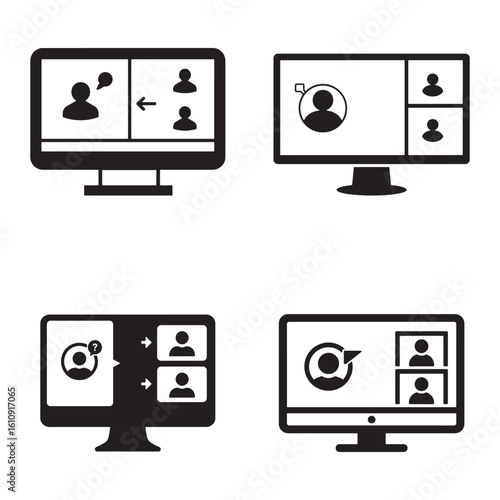 Set of Video Conference Icons on Computer Screens – Virtual Meeting and Online Communication Concept
