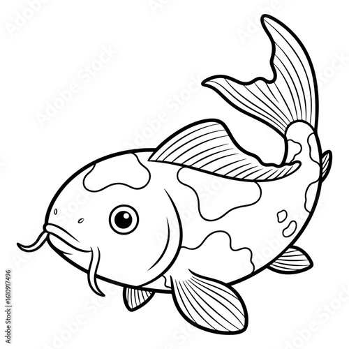 Cartoon Outline Illustration of a Koi Fish with White Patches
