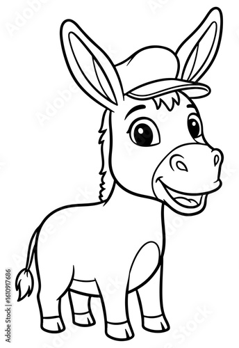 Cartoon Illustration of a Smiling Donkey Wearing a Hat, in Black and White Outline
