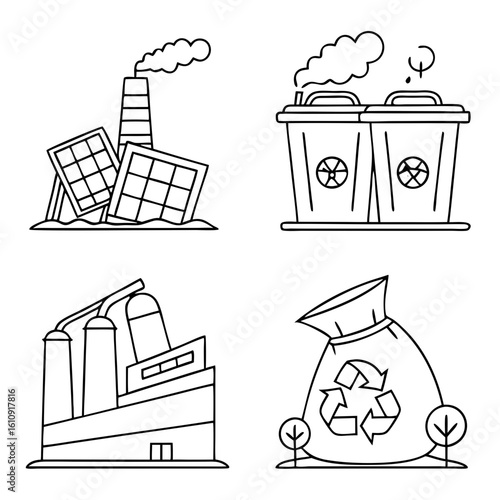 Garbage Collection and Recycling Worker Icon Set – Line Art Illustrations of Waste Management, Trash Disposal, Street Cleaning, and Eco-Friendly Recycling for Environmental Awareness

