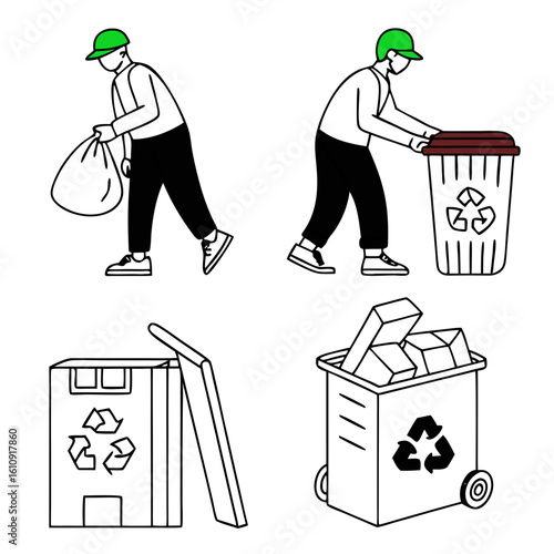 Garbage Collection and Recycling Worker Icon Set – Line Art Illustrations of Waste Management, Trash Disposal, Street Cleaning, and Eco-Friendly Recycling for Environmental Awareness

