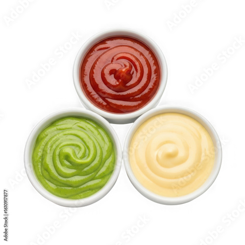 Various sauces ketchup mayonnaise guacamole in bowls isolated on transparent background