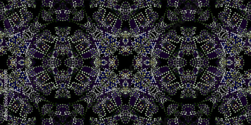 Abstract Mosaic With Bold Colors and Patterns. digital fractal pattern with a kaleidoscopic mandala effect in dark tones, featuring symmetrical dot arrangements in green, blue, and white on a black 
