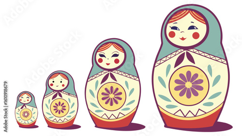Set of traditional Russian nesting dolls isolated on white background