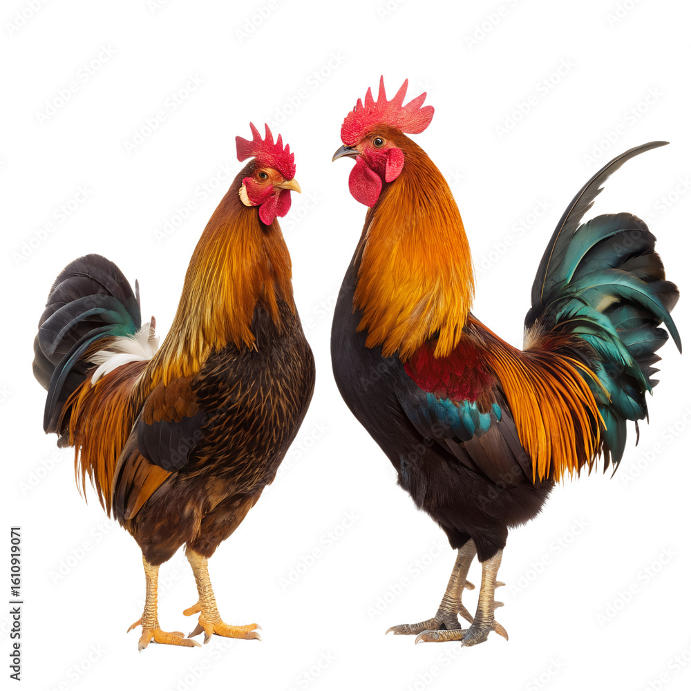 Fototapeta premium Two colorful roosters standing and facing each other, isolated on transparent background