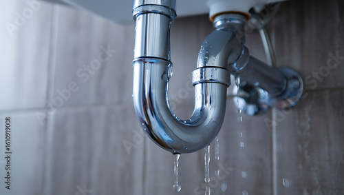 Leaking chrome drain pipe with water droplets plumbing water leak