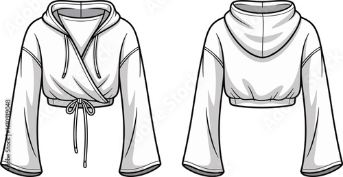 CAD drawing flat vector illustration of cropped wrap hoodie, drawstring detail, stylish casual garment layout, front back fashion views