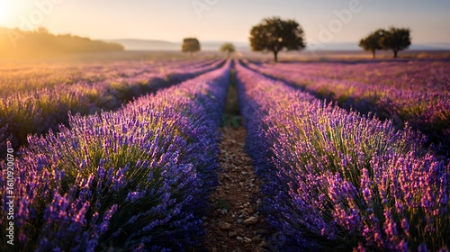 Wallpaper Mural Vast lavender field under a golden sunrise with distant trees and rolling hills Torontodigital.ca