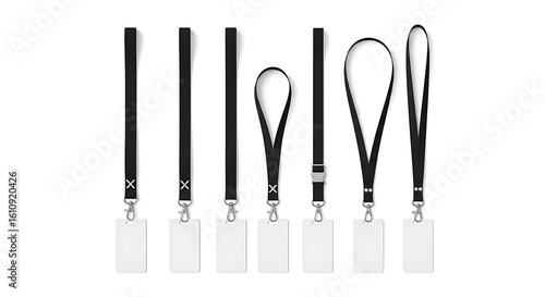 Diverse black lanyard set with blank white cards, isolated on clean white background