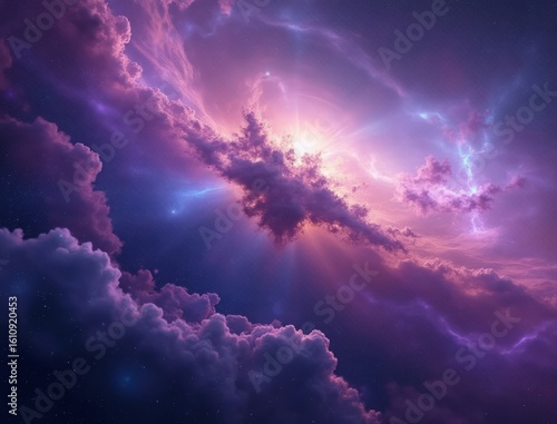 Vibrant cosmic nebula with swirling pink and purple clouds