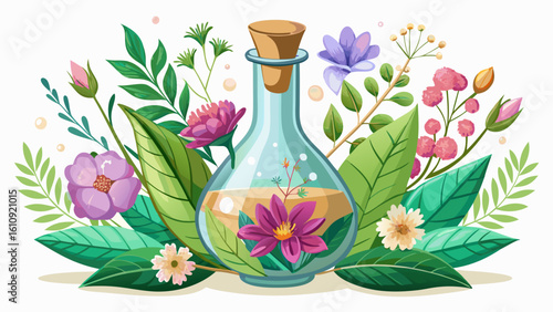 very Beautiful  close up Natural herbal cosmetics concept. Glass flask with flowers on a white background. Flower aroma essence solution white background.