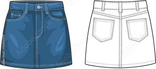 CAD drawing flat vector illustration of denim skirt, front and back views, stylish garment design, structured silhouette, fashion layout template