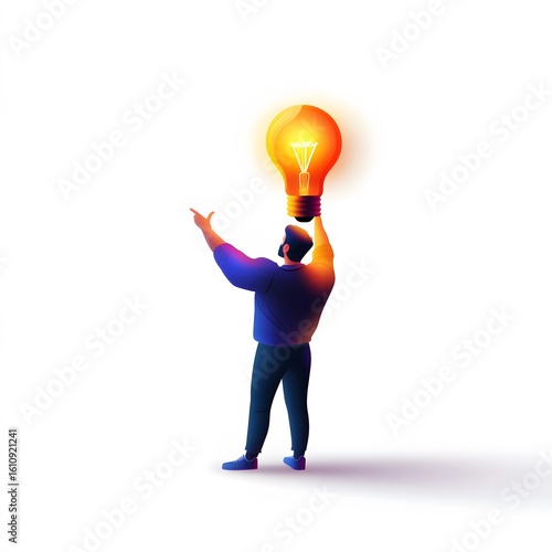 Man Holding Illuminated Lightbulb, Back View, Gradient Colors