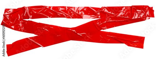 Torn crumpled cross adhesive red tape on transparent background. x sign. 2 piece of cross plastic, glossy shine texture.