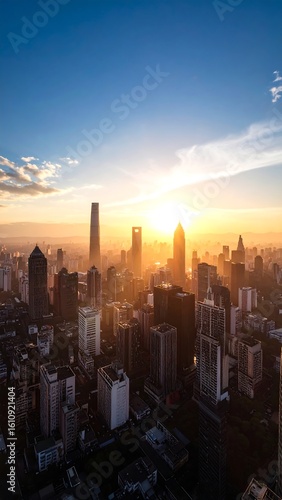 Wallpaper Mural Sunrise over a hazy cityscape, tall buildings silhouetted against the bright sun Torontodigital.ca