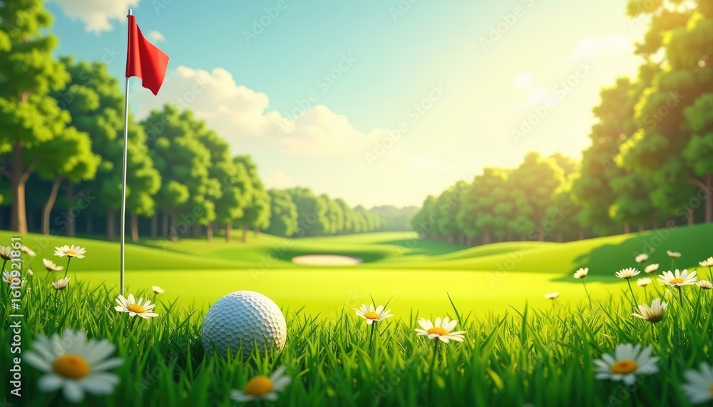 Obraz premium Sunny Golf Course with Golf Ball and Flag, Lush Green Grass and Daisies