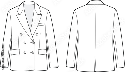 CAD drawing flat vector illustration of double-breasted blazer design, pointed lapel, chest pockets, fashion garment layout, front back sketch views