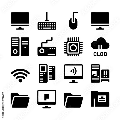 Collection of computer and technology icons representing hardware and software components in black