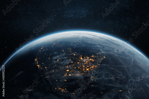 Fototapeta Naklejka Na Ścianę i Meble -  Night view of Earth from space, showing illuminated cities like New York, Washington, Atlanta, and Chicago. Stunning North America lights under a starry sky.