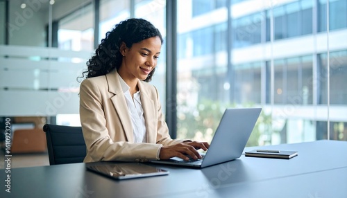 A businesswoman types on a laptop keyboard while a digital tablet with a reflection of her hand is on an office table, representing online work and remote employment.